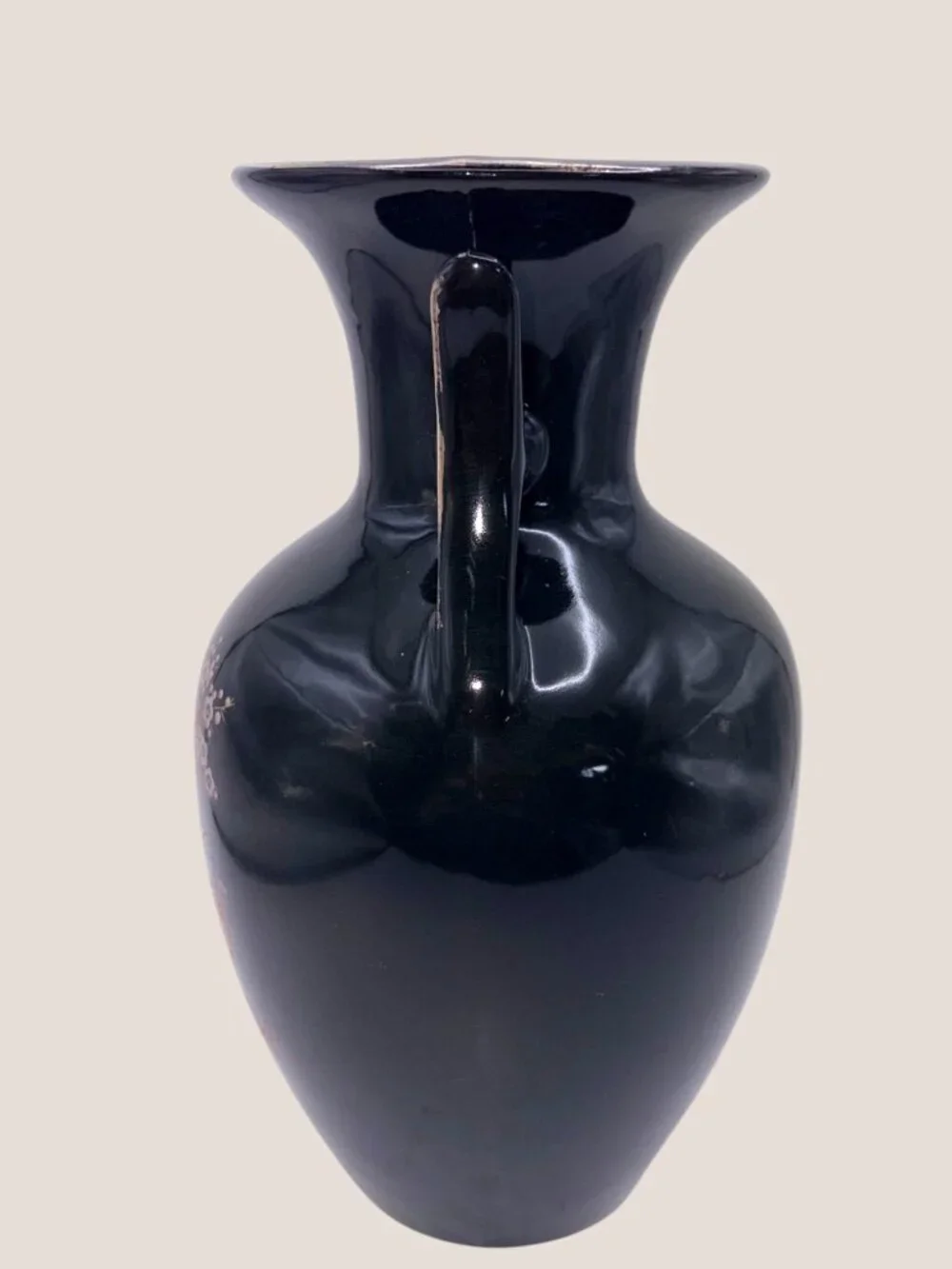 Vintage Black Japanese Floral Porcelain Vase Double Handle Gold Trim 10.5